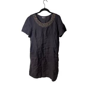 Lina Tomei Navy Blue Linen Short Sleeve Embellished Shift Dress Pockets